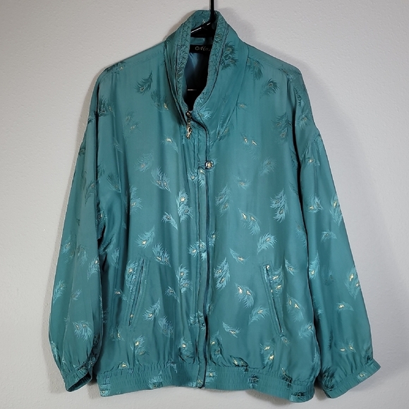 Vintage 80s 100% Silk Bomber Jacket XL Teal Gold Feather Embroidered Zip - Picture 2 of 16